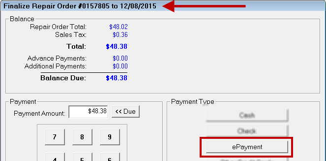 the finalize window with the ePayment button circled.